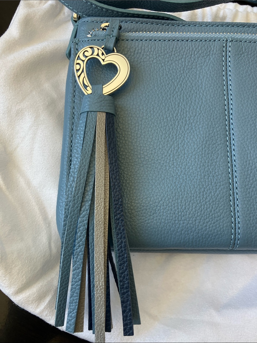 BRIGHTON Barbados City Organizer Blue Pebble Leather Heart-Adorned Tassel NWOT - Picture 2 of 13
